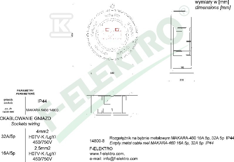 Rozgałęźnik bębnowy, MAKARA-370 32A 5p, - 14700-32